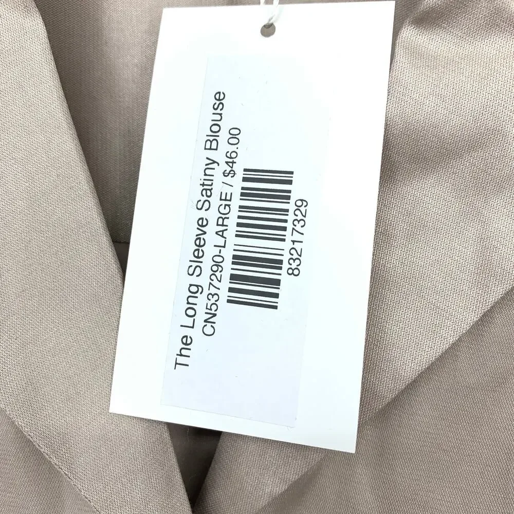 Gilli The Long Sleeve Satiny Blouse Womens Sz Large Button Front Warm Taupe NEW